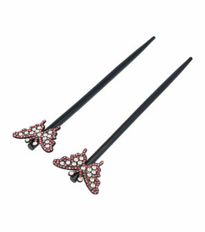 Haarpinnen Vlinder Strass Hout 18cm Zwart Zilver Oud Roze