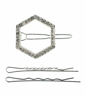 Haarspeld Clip Zeshoek Vorm Strass + Schuifspeldjes Zilver