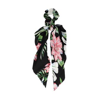 Scrunchie Linten Bloemen Print Zwart