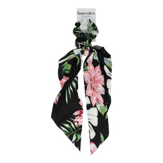 Scrunchie Linten Bloemen Print Zwart