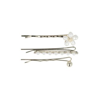 Schuifspeldjes Bloem Bol Recht Parel Strass 5cm Zilver