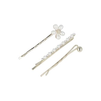Schuifspeldjes Bloem Bol Recht Parel Strass 5cm Zilver