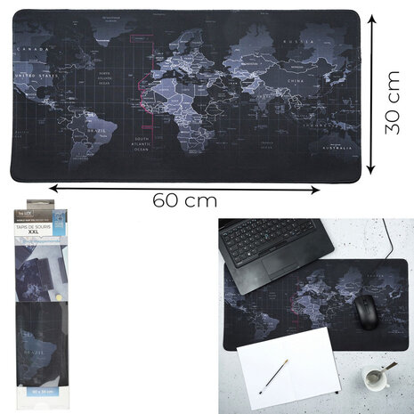muismat-xxl-wereldkaart-30cmx60cm-zwart