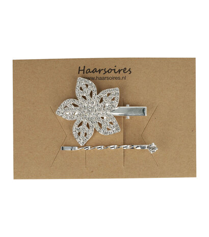 Duckklem Bloem Vorm Strass Steentjes 5cm Zilver