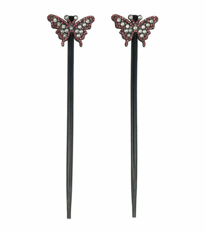 Haarpinnen Vlinder Strass Hout 18cm Zwart Zilver Oud Roze
