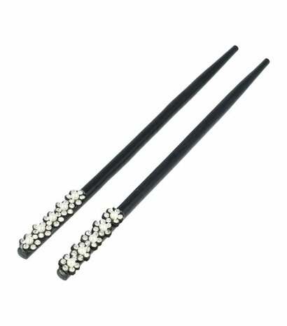 Haarpinnen Bloem Parel Strass Hout 18cm Zwart Wit Zilver
