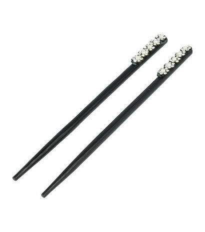 Haarpinnen Bloem Parel Strass Hout 18cm Zwart Wit Zilver