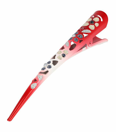 Haarspeld Duckklem Opengewerkt Glitter Bloemen 13cm Rood Zilver