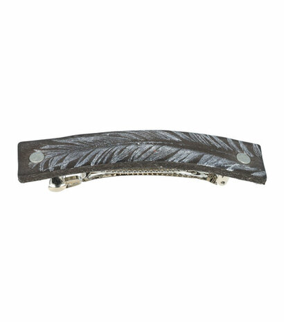 Haarspeld Groot Recht Leder Fantasie Print Veer Zwart Zilver