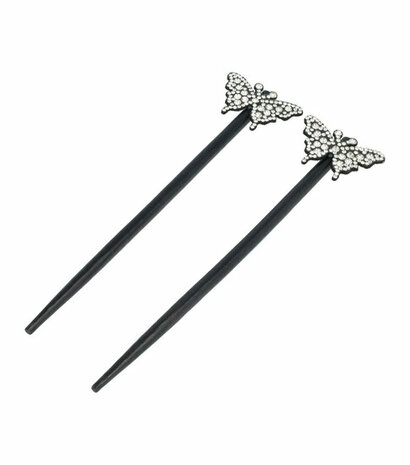 Haarpinnen Vlinder Strass Hout 18cm Zwart Zilver