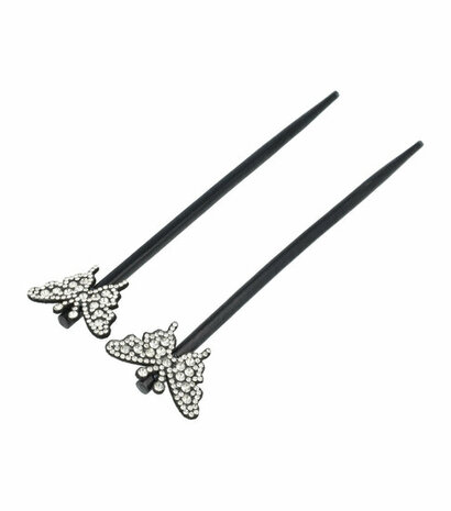 Haarpinnen Vlinder Strass Hout 18cm Zwart Zilver