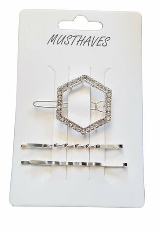 Haarspeld Clip Zeshoek Vorm Strass + Schuifspeldjes Zilver
