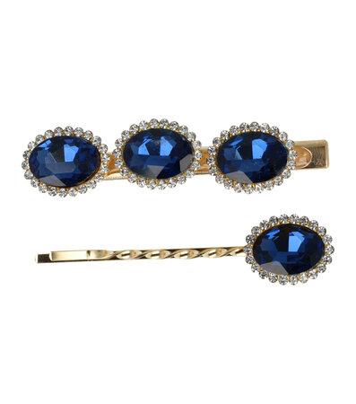Haarspeld Duckklem + Schuifspeldje Facet Stenen Goud Donker Blauw