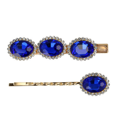 Haarspeld Duckklem + Schuifspeldje Facet Stenen Goud Blauw