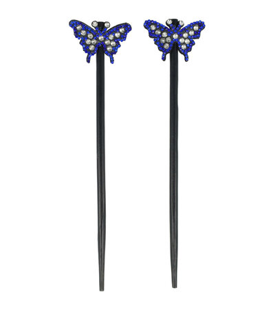Haarpinnen Vlinder Strass Hout 18cm Zwart Zilver Blauw