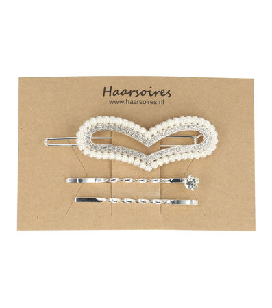 Haarclip Hart Parel Strass Zilver