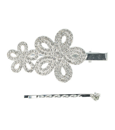 Duckklem Bloemen Fantasie Strass Steentjes 7cm Zilver