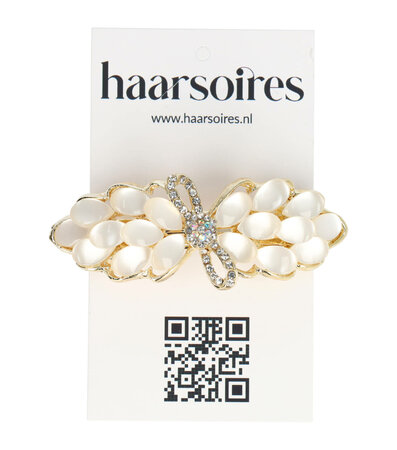 Haarspeld Strik Leaves Strass Stenen Druppel Parel 7cm Creme Goud