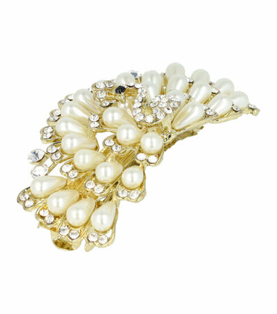 Haarspeld Pauw Vogel Parel Strass Metaal 8,5cm Goud