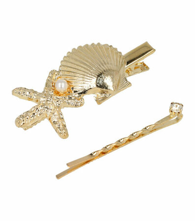 Haarspeld Duckklem + Schuifspeldje Schelp Vorm Parel Strass Goud