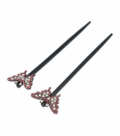 Haarpinnen Vlinder Strass Hout 18cm Zwart Zilver Oud Roze