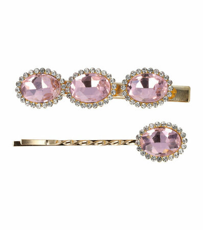 Haarspeld Duckklem + Schuifspeldje Facet Stenen Goud Roze