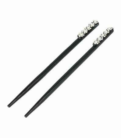 Haarpinnen Bloem Parel Strass Hout 18cm Zwart Wit Zilver