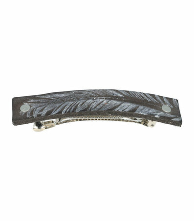 Haarspeld Groot Recht Leder Fantasie Print Veer Zwart Zilver