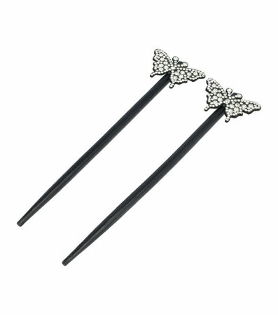 Haarpinnen Vlinder Strass Hout 18cm Zwart Zilver