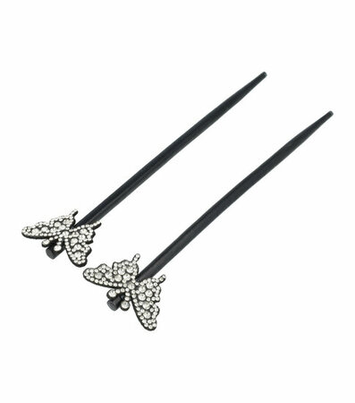Haarpinnen Vlinder Strass Hout 18cm Zwart Zilver
