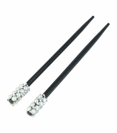 Haarpinnen Parel Strass Fantasie Hout 18cm Zwart Zilver