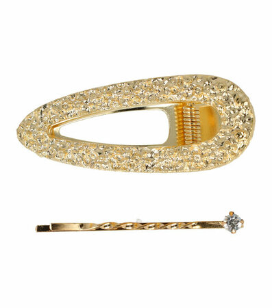 Haarspeld Duckklem + Schuifspeldje Strass Open Vorm Rond Gebobbeld Goud