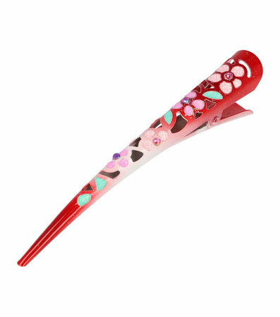 Haarspeld Duckklem Opengewerkt Glitter Bloemen 13cm Rood Roze