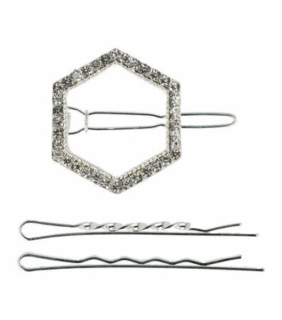 Haarspeld Clip Zeshoek Vorm Strass + Schuifspeldjes Zilver