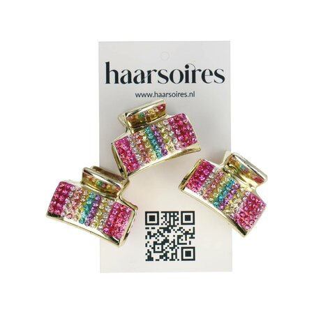 Haarklemmen Set Klein 3cm Recht Glitter Steentjes Goud Multi Color