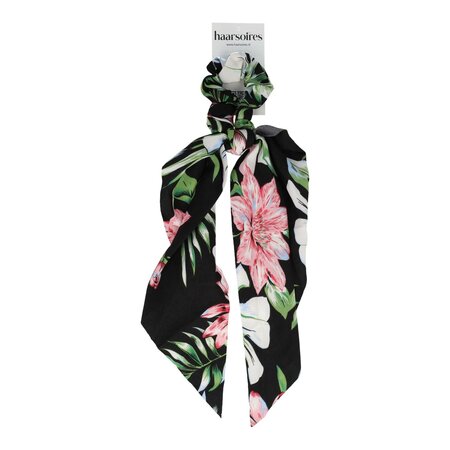 Scrunchie Linten Bloemen Print Zwart