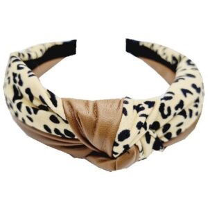 Haarband Diadeem 3cm – Knoop Panterprint – Stof & Lederlook – Bruin Wit