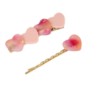 Haarspeld Duckklem en Schuifspeldje 6cm – Parelmoer Hartjes – Fuchsia Roze – Set van 2