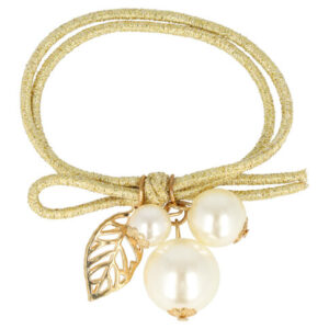 1990557546 Haarelastiek – Parelkralen – Metalen Bladbedel - Wit Goud
