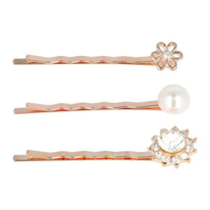 Haarspeld schuifspeldjes - Bloem parel strass 6cm - Koper goud - Set van 3