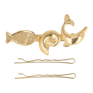 Haarspeld Duckklem & Schuifspeldje 6,5cm – Schelp Vis Dolfijn – Metaal – Goud – Set van 2