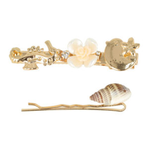 Haarspeld Duckklem & Schuifspeldje 6,5cm – Zeepaardje Vis Bloem– Metaal – Goud – Set van 2