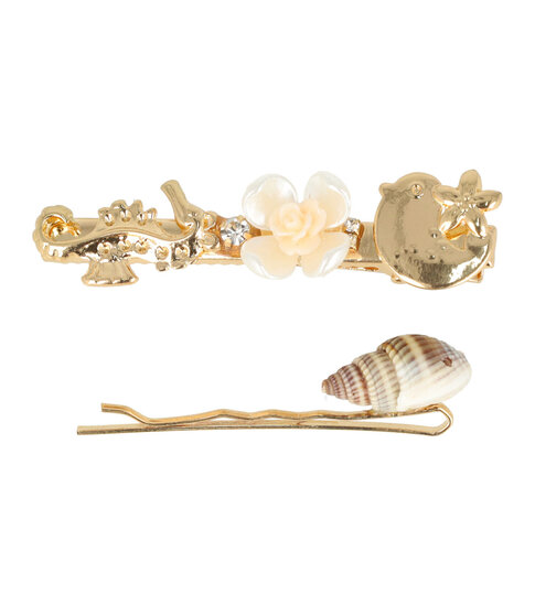 2076301377 Haarspeld Duckklem & Schuifspeldje 6,5cm – Zeepaardje Vis Bloem– Metaal – Goud – Set van 2
