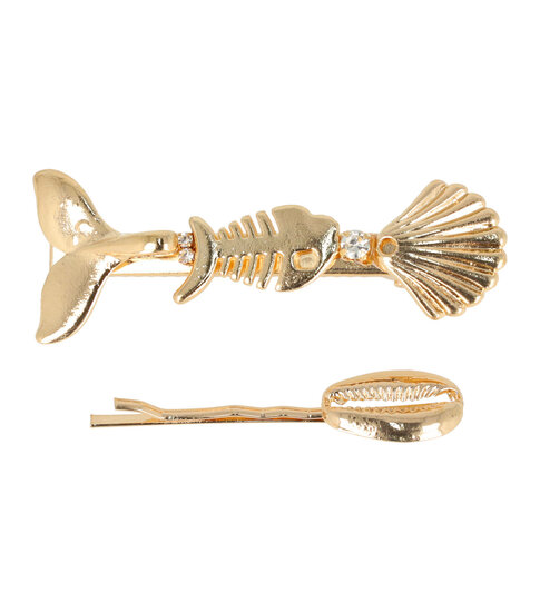 2076312588 Haarspeld Duckklem & Schuifspeldje 6cm – Schelp Vis Walvis – Metaal – Set van 2