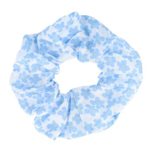 Haarelastiek Scrunchie – Bloemenprint – Dunne Stof – Wit Blauw
