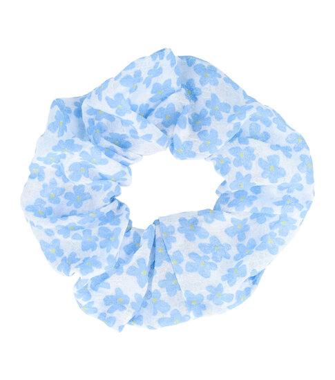 2081699349 Haarelastiek Scrunchie – Bloemenprint – Dunne Stof – Wit Blauw