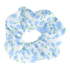 Haarelastiek Scrunchie – Bloemenprint – Dunne Stof – Wit Blauw