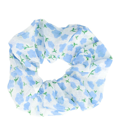 2081710365 Haarelastiek Scrunchie – Bloemenprint – Dunne Stof – Wit Blauw