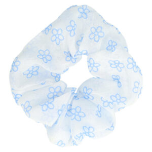 Haarelastiek Scrunchie – Bloemenprint – Dunne Stof – Blauw Wit