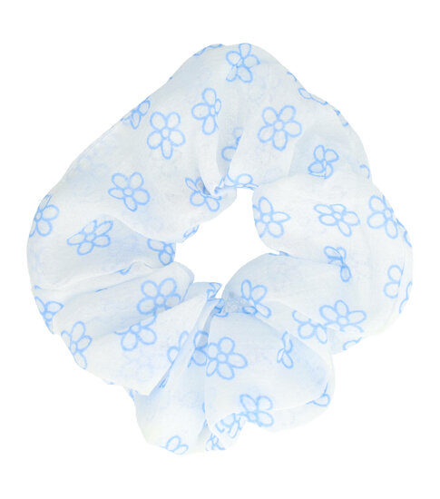 2081883813 Haarelastiek Scrunchie – Bloemenprint – Dunne Stof – Blauw Wit